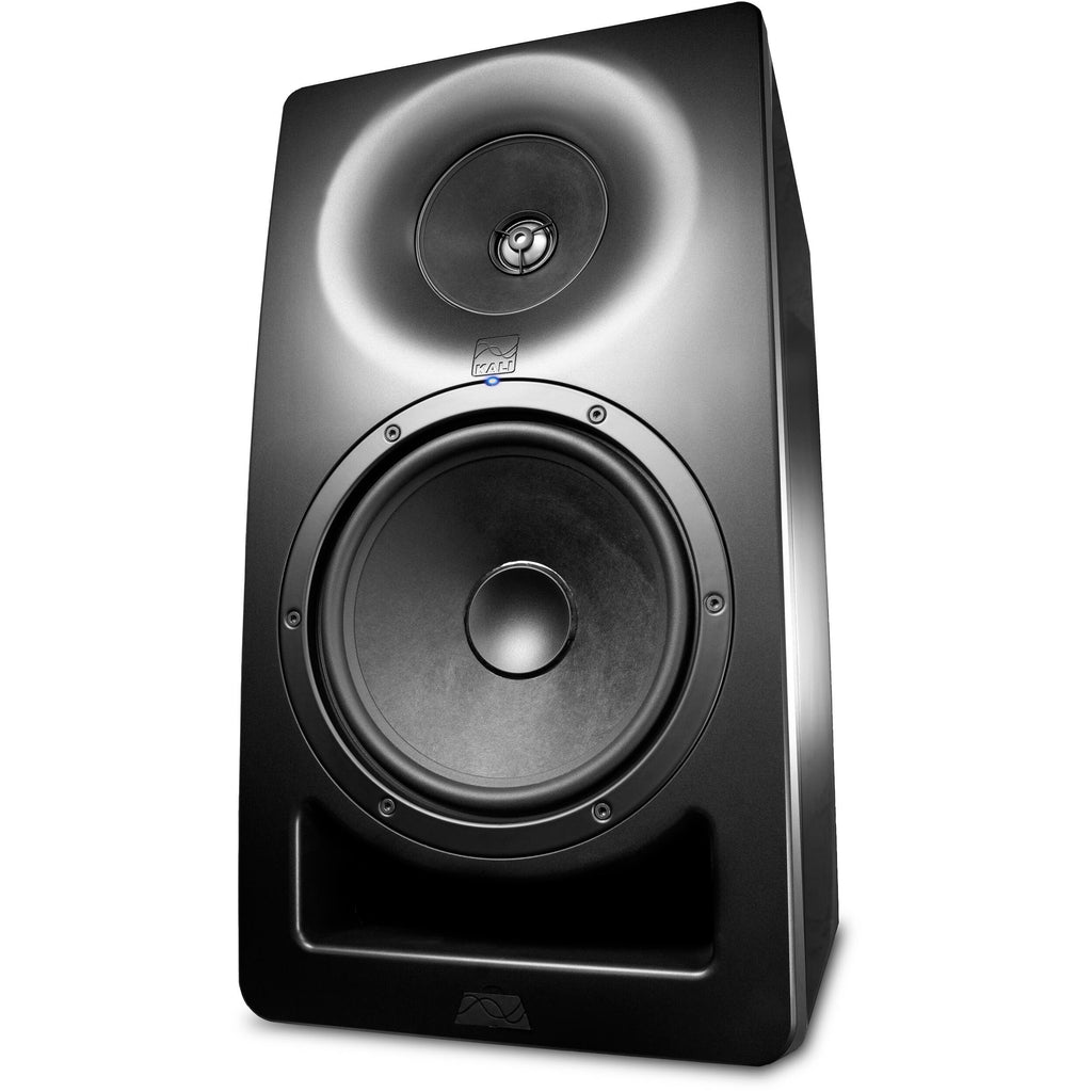 Kali Audio SM-8 active nearfield monitors shown in a studio setup with black speaker cabinets and audio cables.