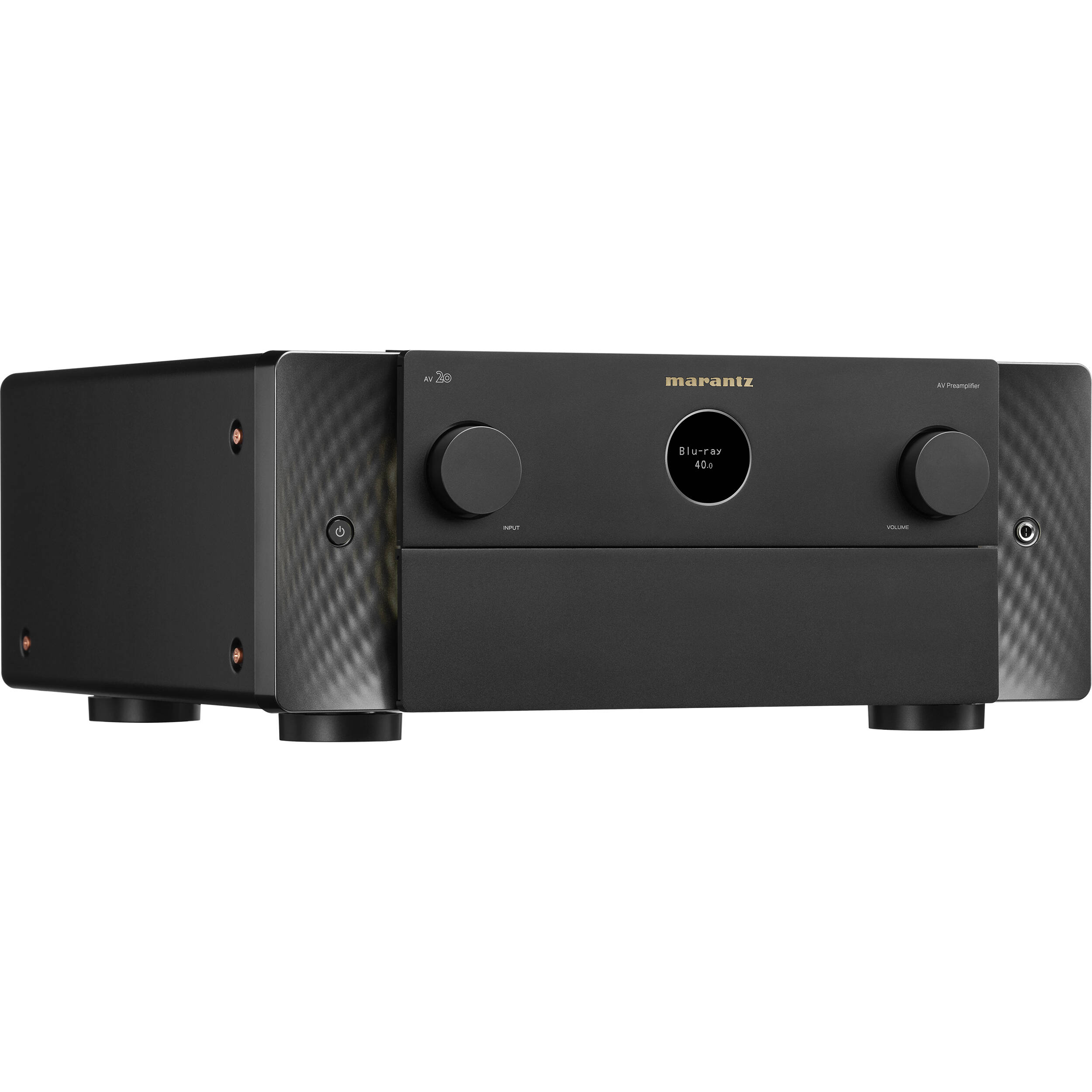 Marantz AV 20 stereo amplifier with sleek black design and control knobs, showing front panel and connection ports.