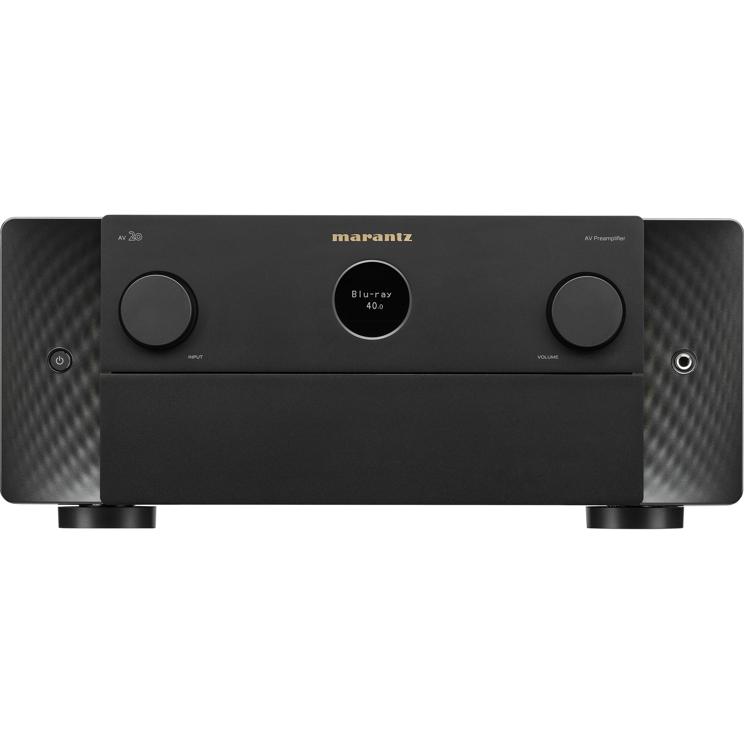 Marantz AV 20 stereo amplifier with sleek black design, front panel controls, and input ports visible.