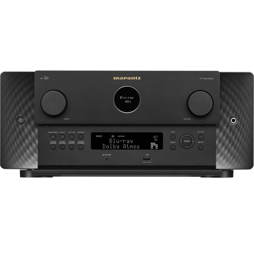 Marantz AV 20 stereo amplifier with sleek black design and control knobs, showcasing high-quality audio equipment.