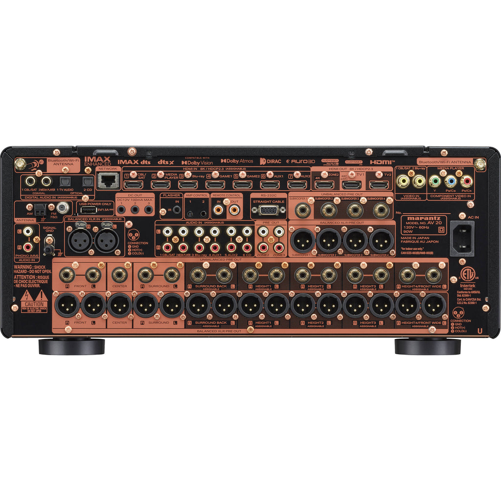 Marantz AV 20 stereo amplifier with sleek black front panel, control knobs, and display screen for high-quality audio performance.