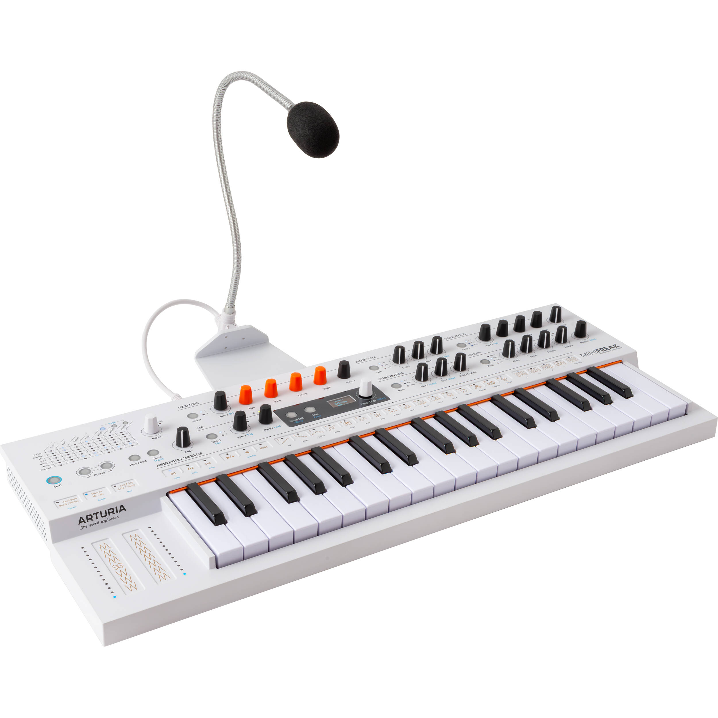 Arturia MiniFreak synthesizer with built-in vocoder, featuring a compact design, colorful interface, and various control knobs.