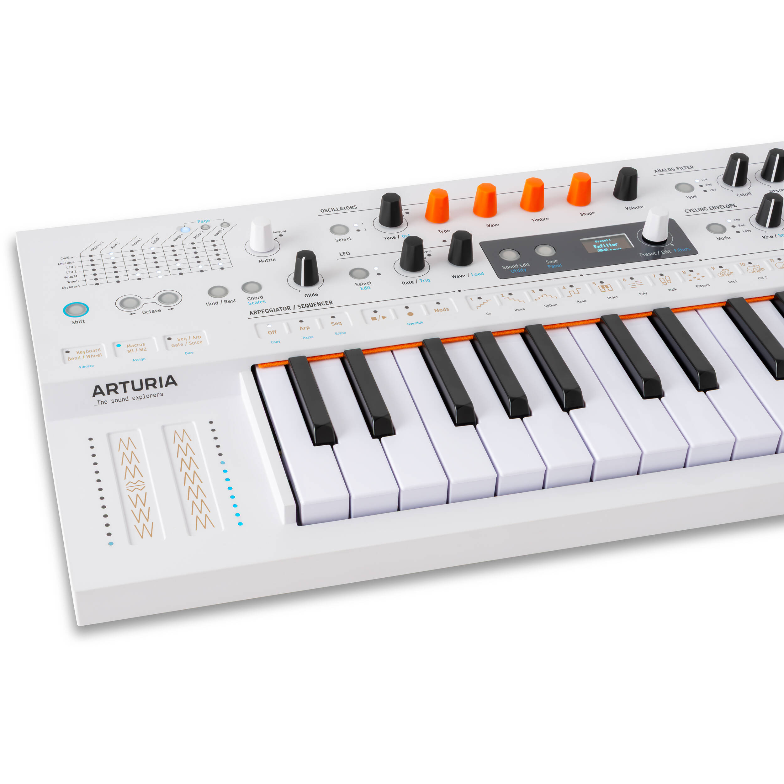 Arturia MiniFreak synthesizer with vocoder feature, compact keyboard with control knobs and colorful display screen.