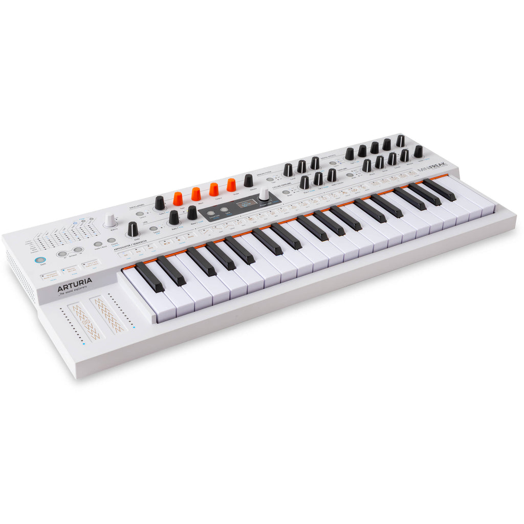 Arturia MiniFreak synthesizer with vocoder feature, showing its compact design and control panel with knobs and keys.