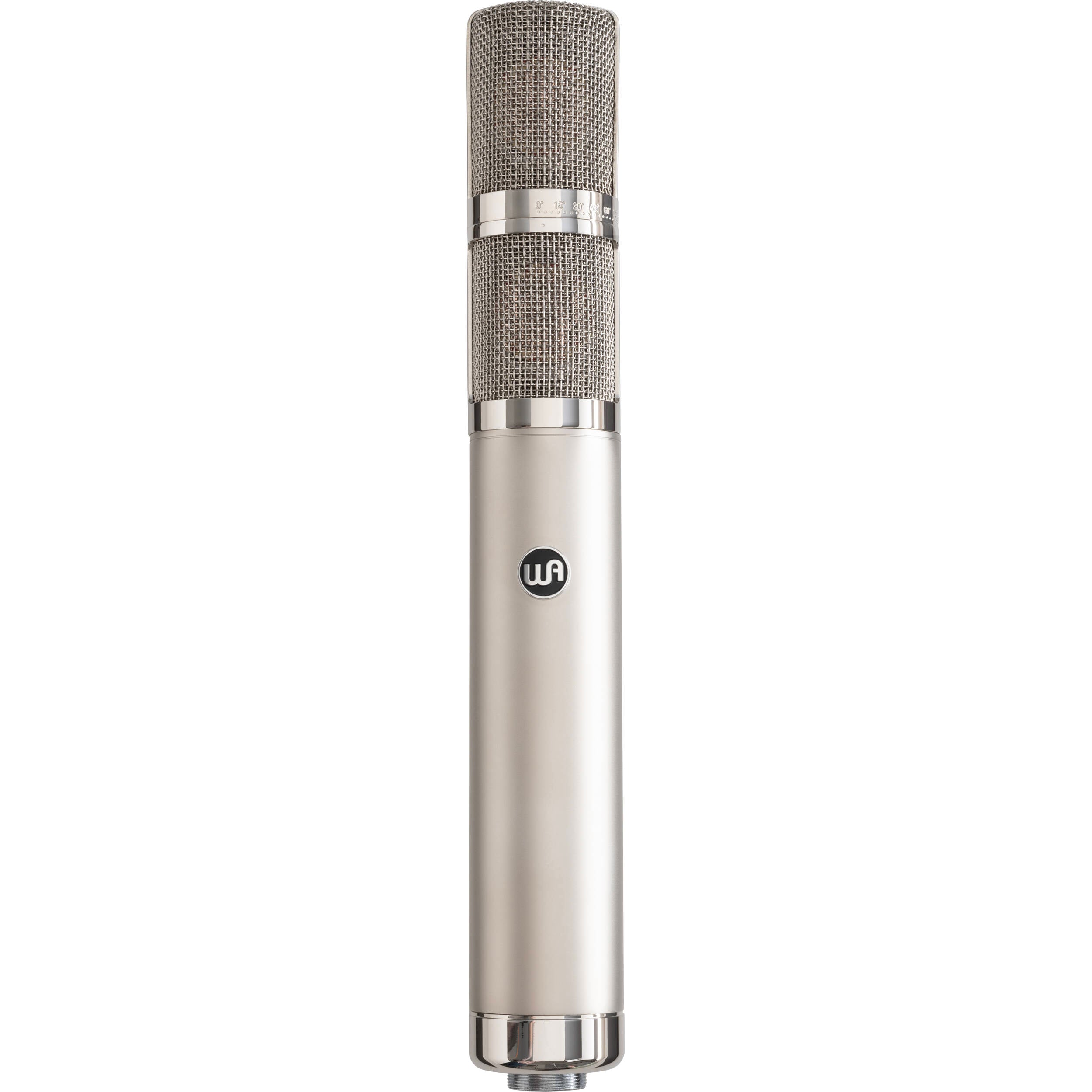 Warm Audio WA-CX24 condenser microphone shown with its sleek metal body and large diaphragm for studio recording.