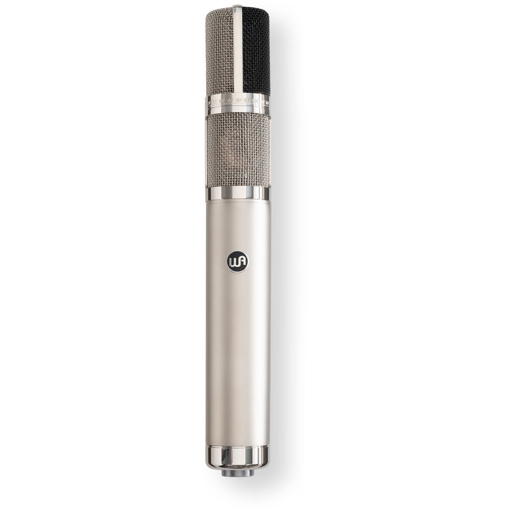 Warm Audio WA-CX24 condenser microphone shown with black body and silver grille, ideal for studio recording and vocals.