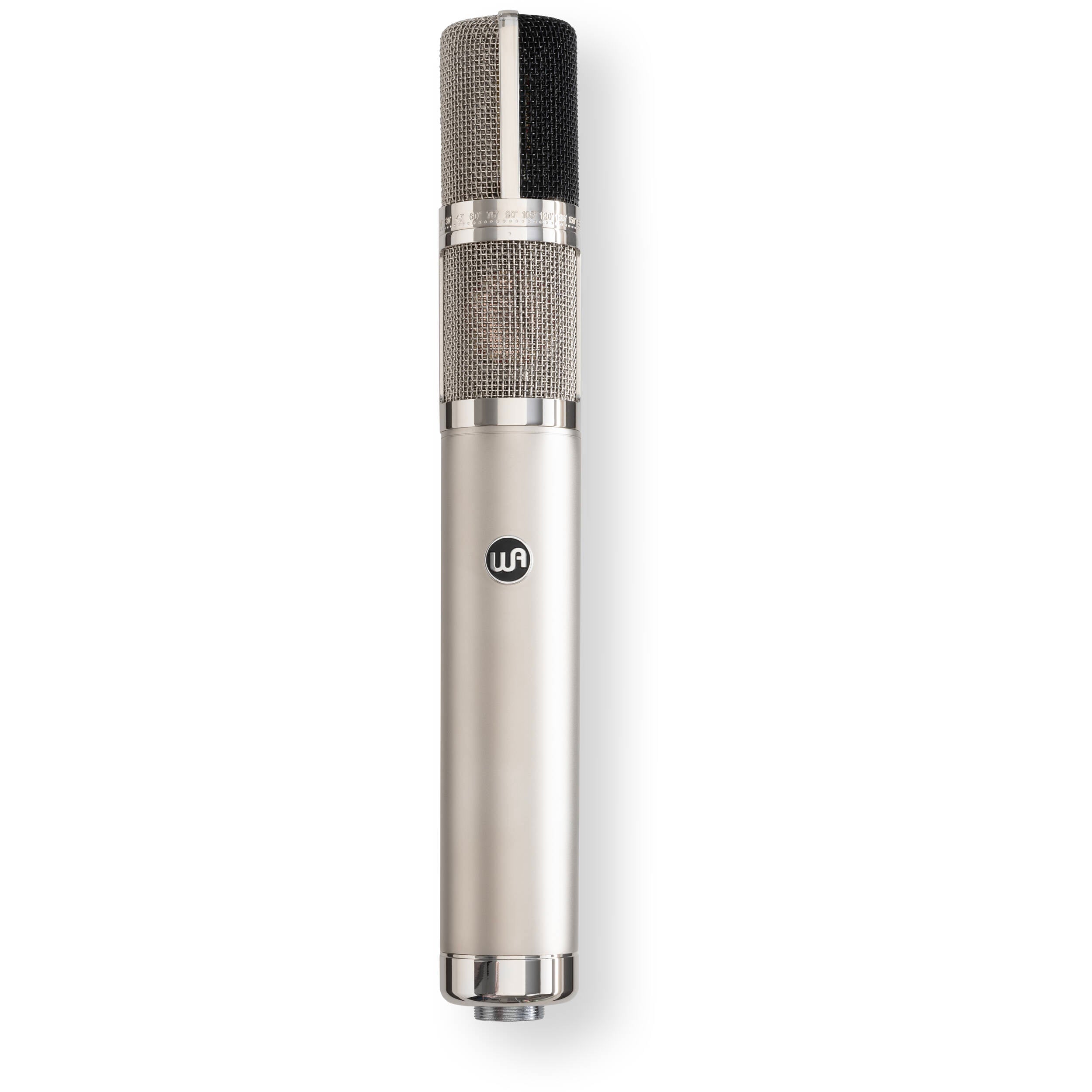 Warm Audio WA-CX24 condenser microphone shown with black body and silver grille, ideal for studio recording and vocals.
