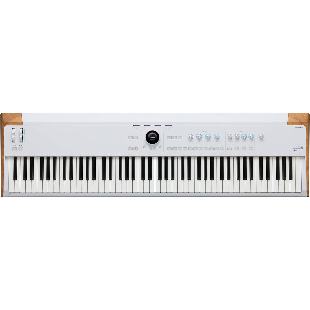 Arturia AstroLab 88 performance keyboard with black keys and sleek design, featuring various control knobs and a compact form.
