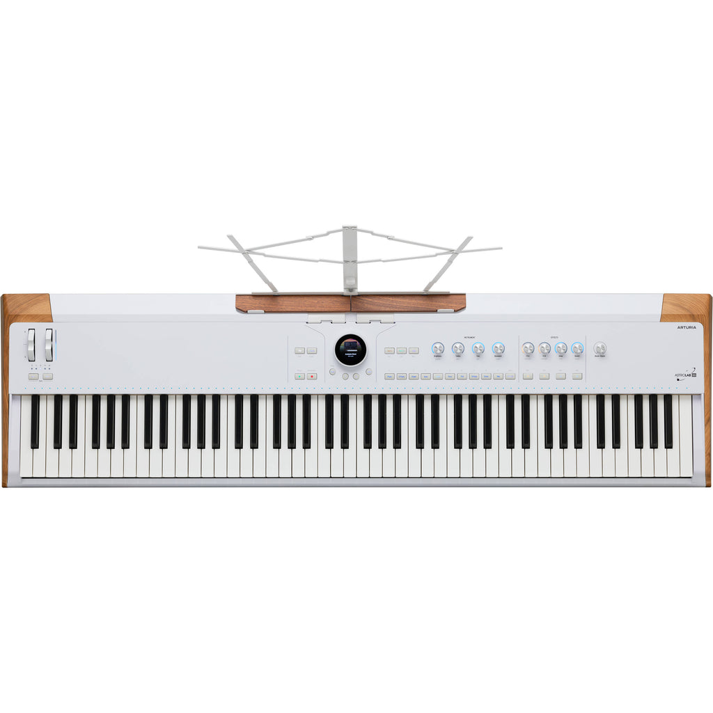 Arturia AstroLab 88 performance keyboard with black keys and modern design, showing the full keyboard layout and control panel.