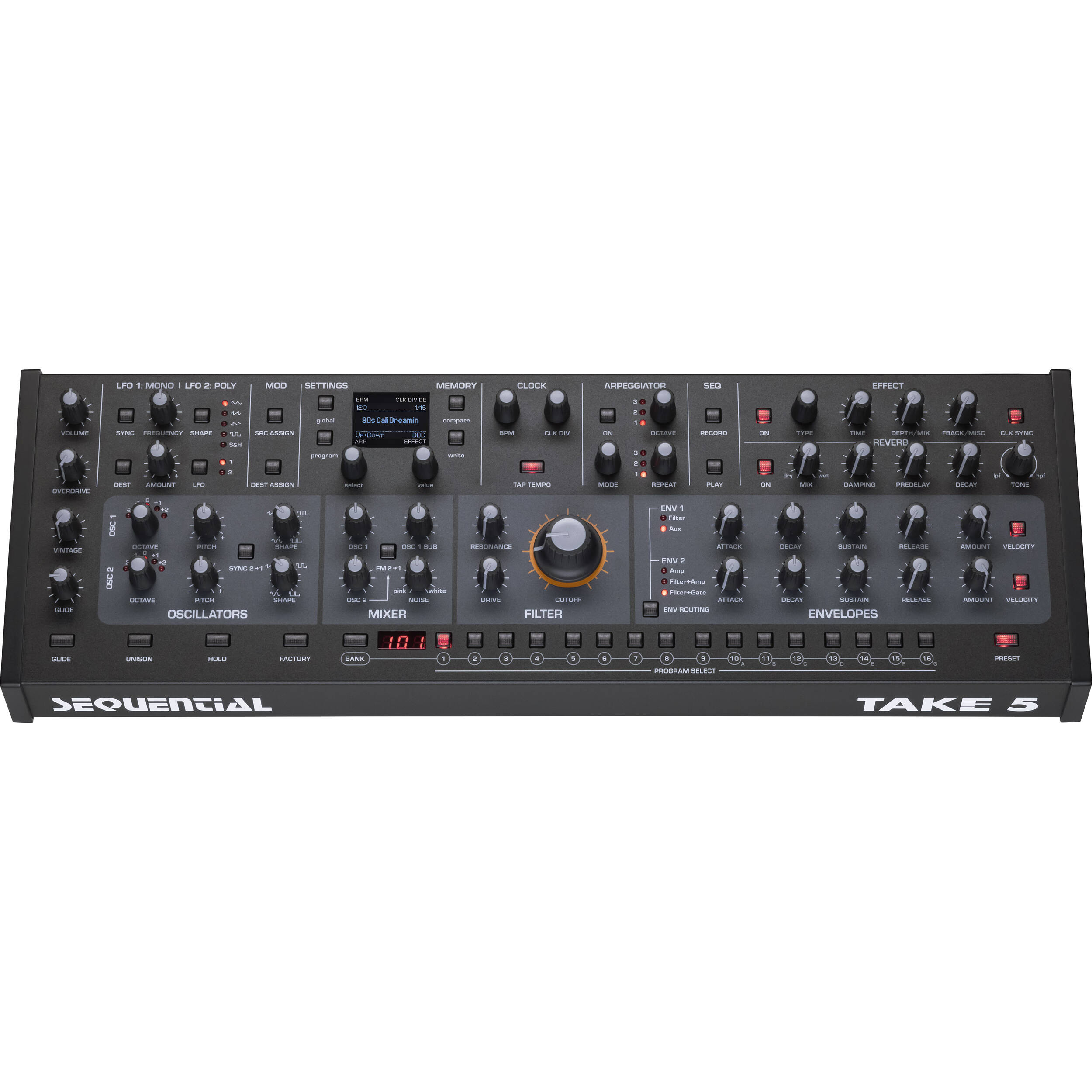 Sequential Take 5 desktop synthesizer with knobs, buttons, and a compact black design, ideal for music production.