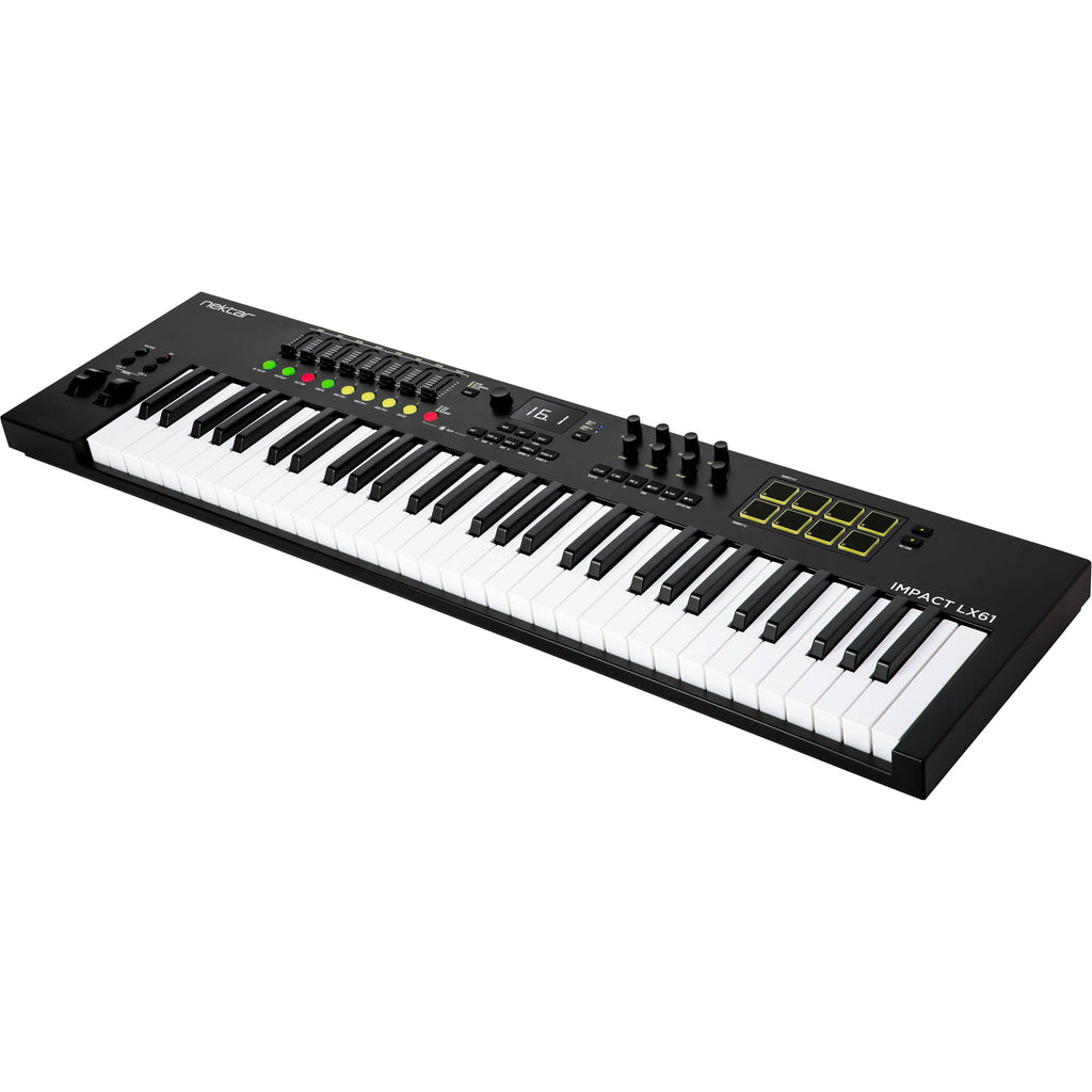 Nektar Impact LX61 MK3 midi keyboard with 61 keys, control knobs, and pitch bend wheel, on a white background.