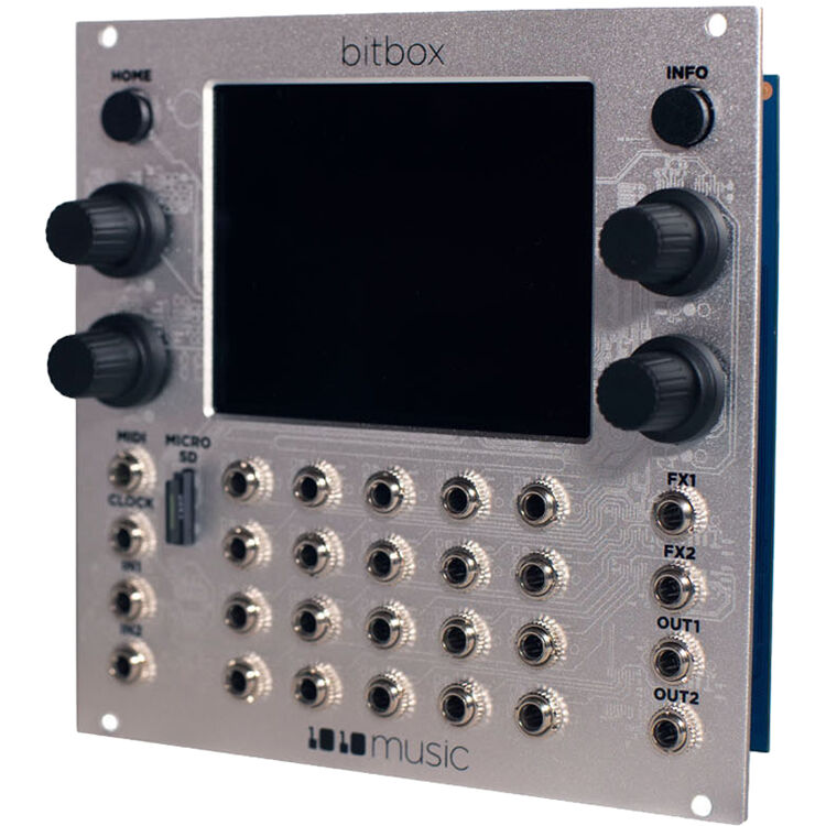Semi-modular synthesizer 1010music Bitbox MK2 with multiple knobs, buttons, and patch points for versatile sound creation.