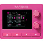 1010music Nanobox Razzmatazz drum machine and sampler with colorful controls and compact design for electronic music production.