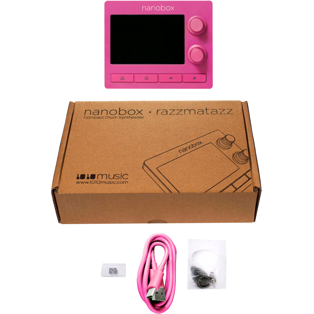 1010music Nanobox Razzmatazz drum machine with colorful pad interface and knobs for beat production and sampling.