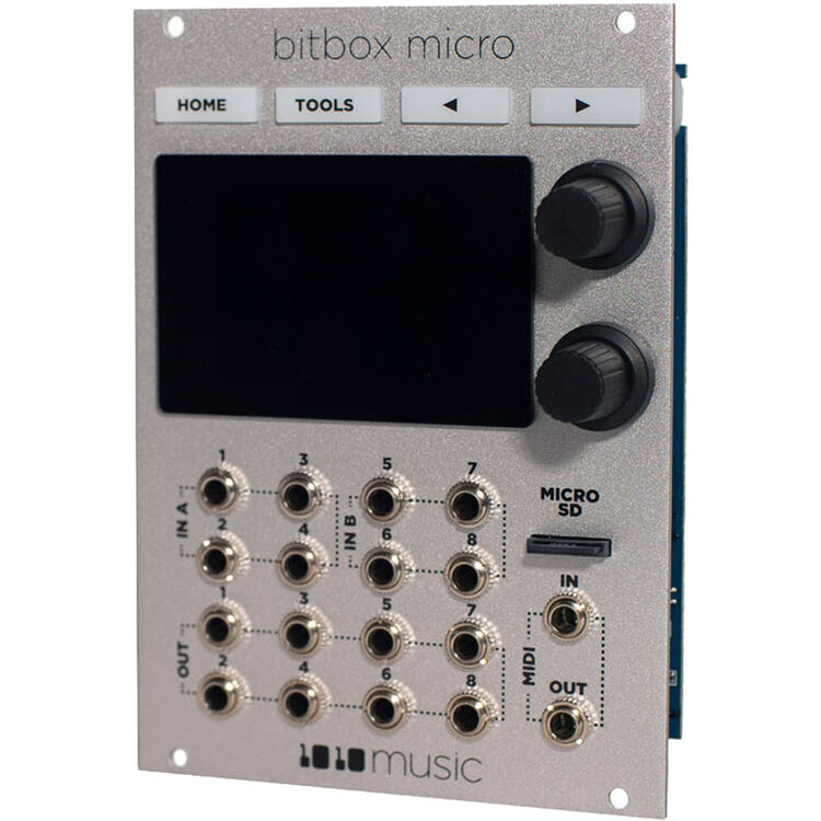 1010music Bitbox Micro semi-modular synthesizer with knobs and input/output ports for electronic music production.