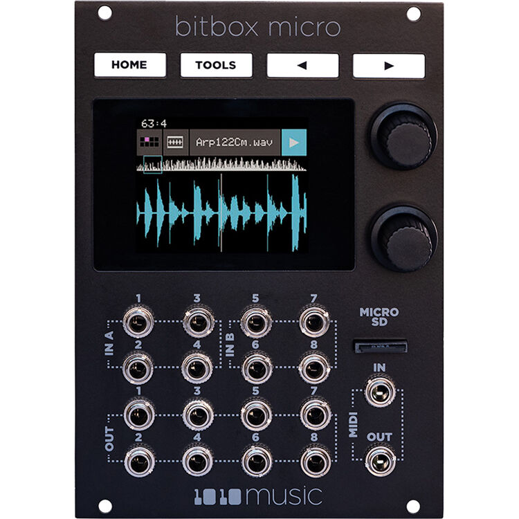 1010music Bitbox Micro semi-modular synthesizer with colorful buttons and control knobs for electronic music production.