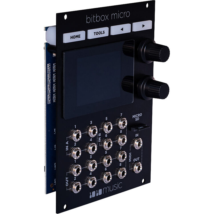 Close-up of the 1010music Bitbox Micro semi-modular synthesizer with colorful knobs and buttons on a black panel.