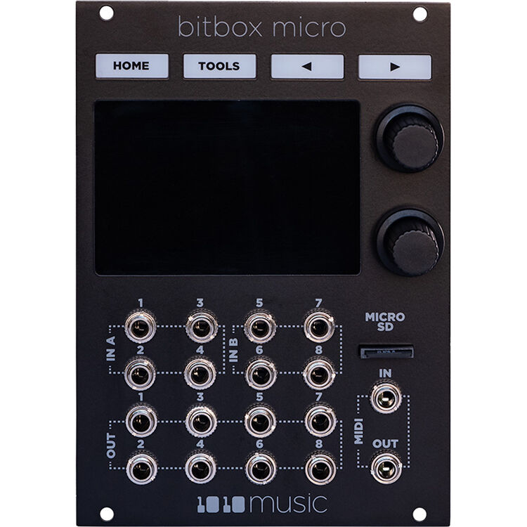 1010music Bitbox Micro semi-modular synthesizer with colorful knobs and interface, suitable for electronic music production.
