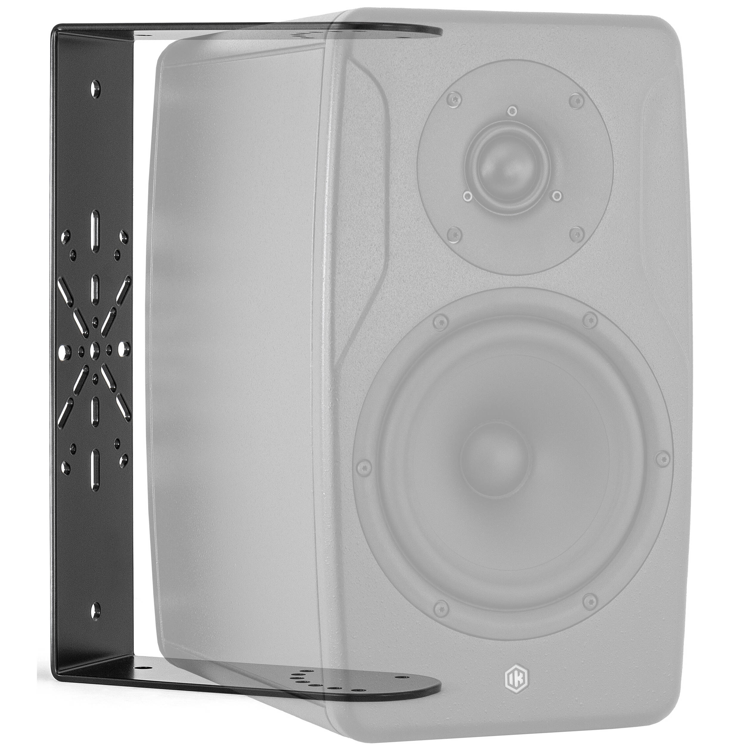 IK Multimedia iLoud Precision 6 MK2 studio monitor stand mounting bracket attached to a speaker for secure positioning.