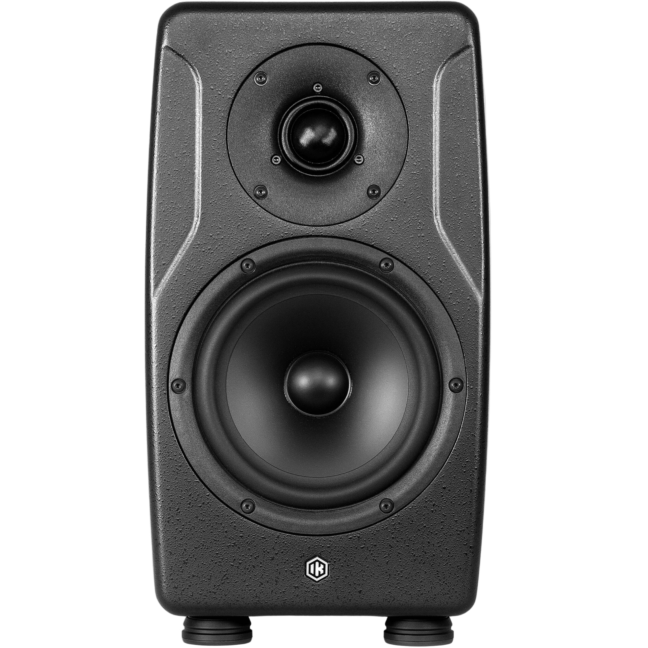 IK Multimedia iLoud Precision 6 MK2 active nearfield monitor speaker showing front view with control panel and speaker grille.