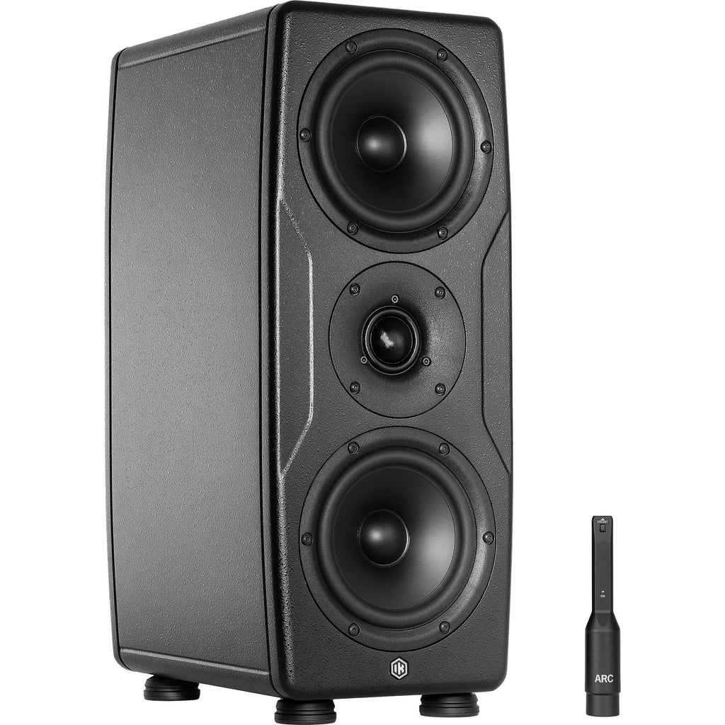 IK Multimedia iLoud Precision MTM MK2 active nearfield monitors shown with sleek black finish and detailed speaker drivers.