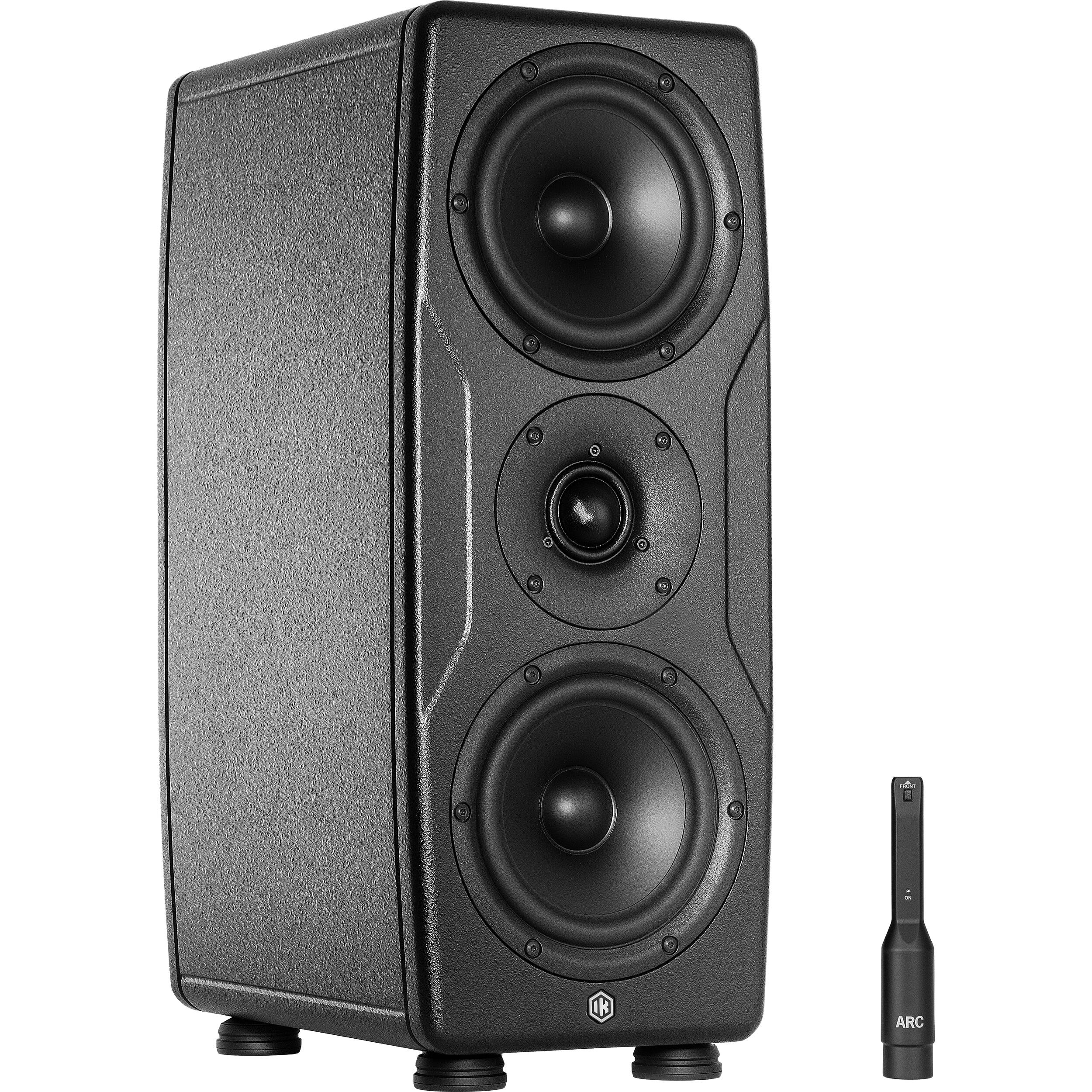 IK Multimedia iLoud Precision MTM MK2 active nearfield monitors shown with sleek black finish and detailed speaker drivers.