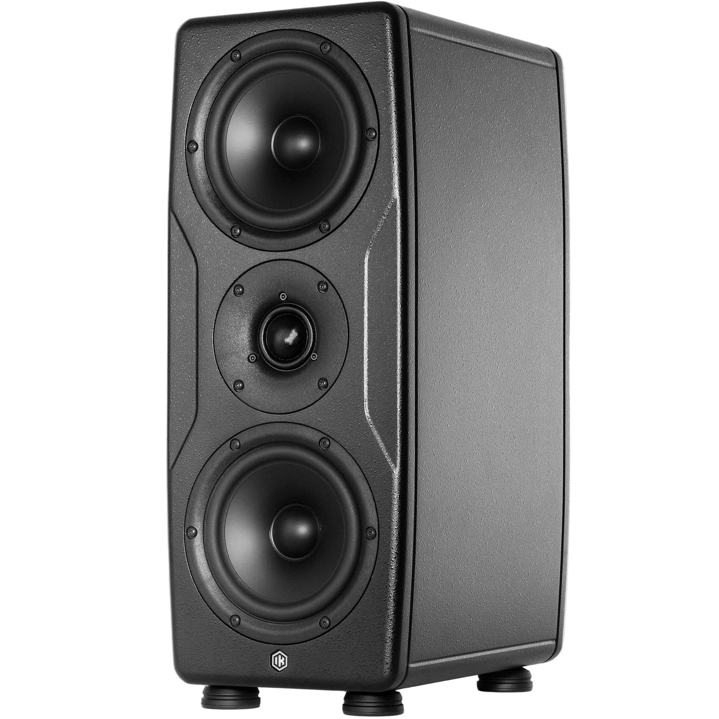 IK Multimedia iLoud Precision MTM MK2 active nearfield monitors with sleek black finish and front-facing control panel.