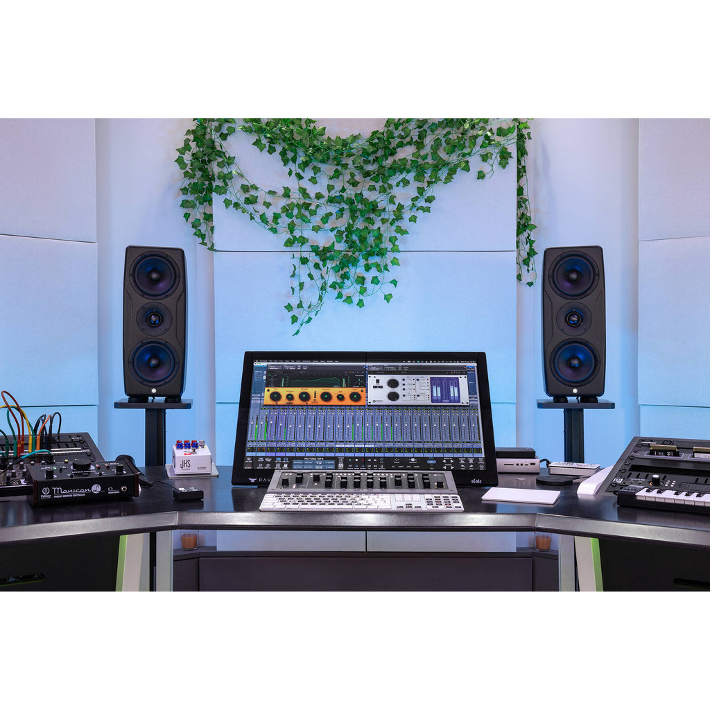 IK Multimedia iLoud Precision MTM MK2 active nearfield monitors with sleek black finish and detailed speaker components.