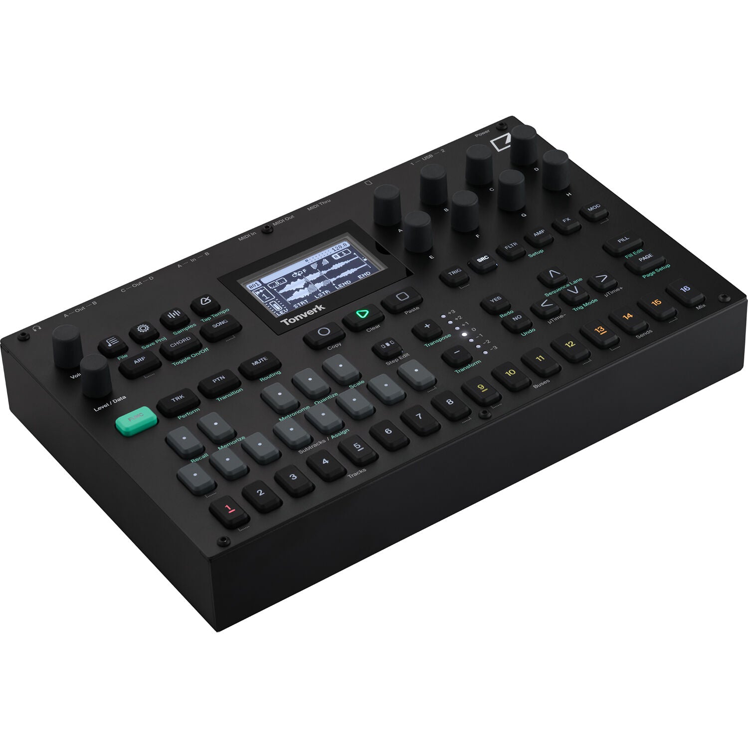 Elektron Elektron Tonverk drum machine and sampler device with knobs, buttons, and a digital display for music production.