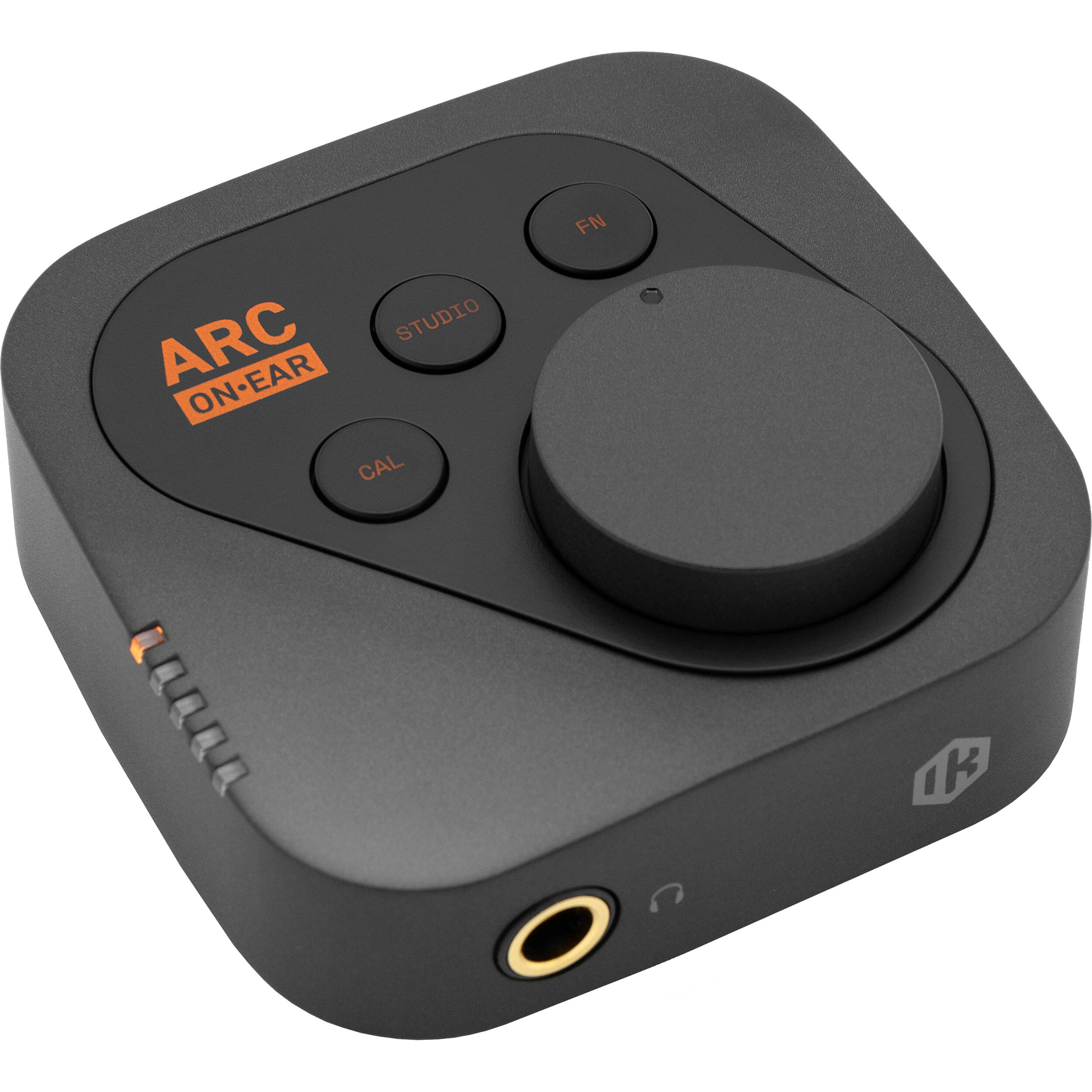 IK Multimedia ARC ON EAR headphone amplifier and DAC, close-up view showing controls and sleek black design.