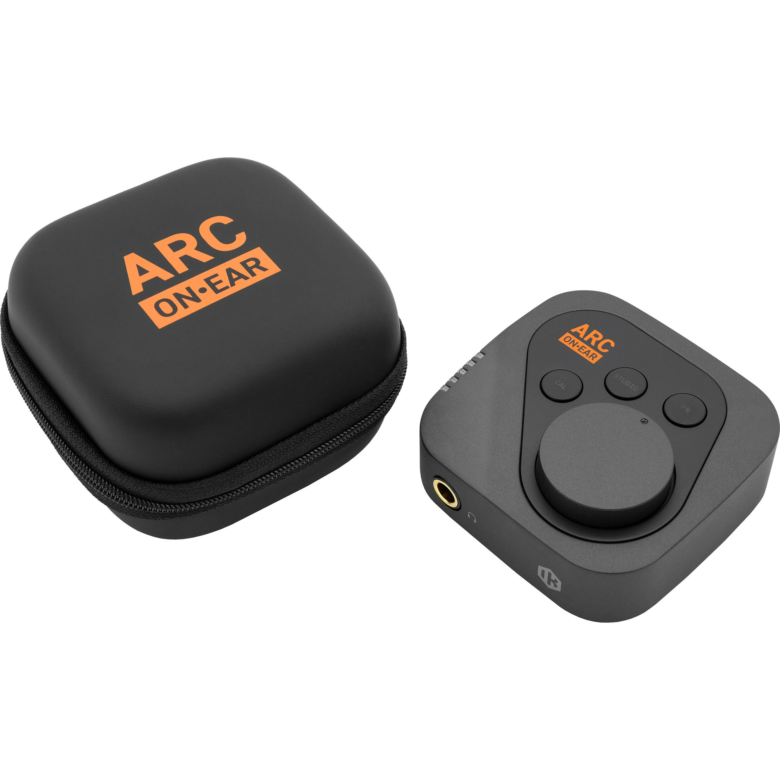 IK Multimedia ARC ON EAR headphone amplifier and DAC, black on-ear device with control buttons and connection ports.