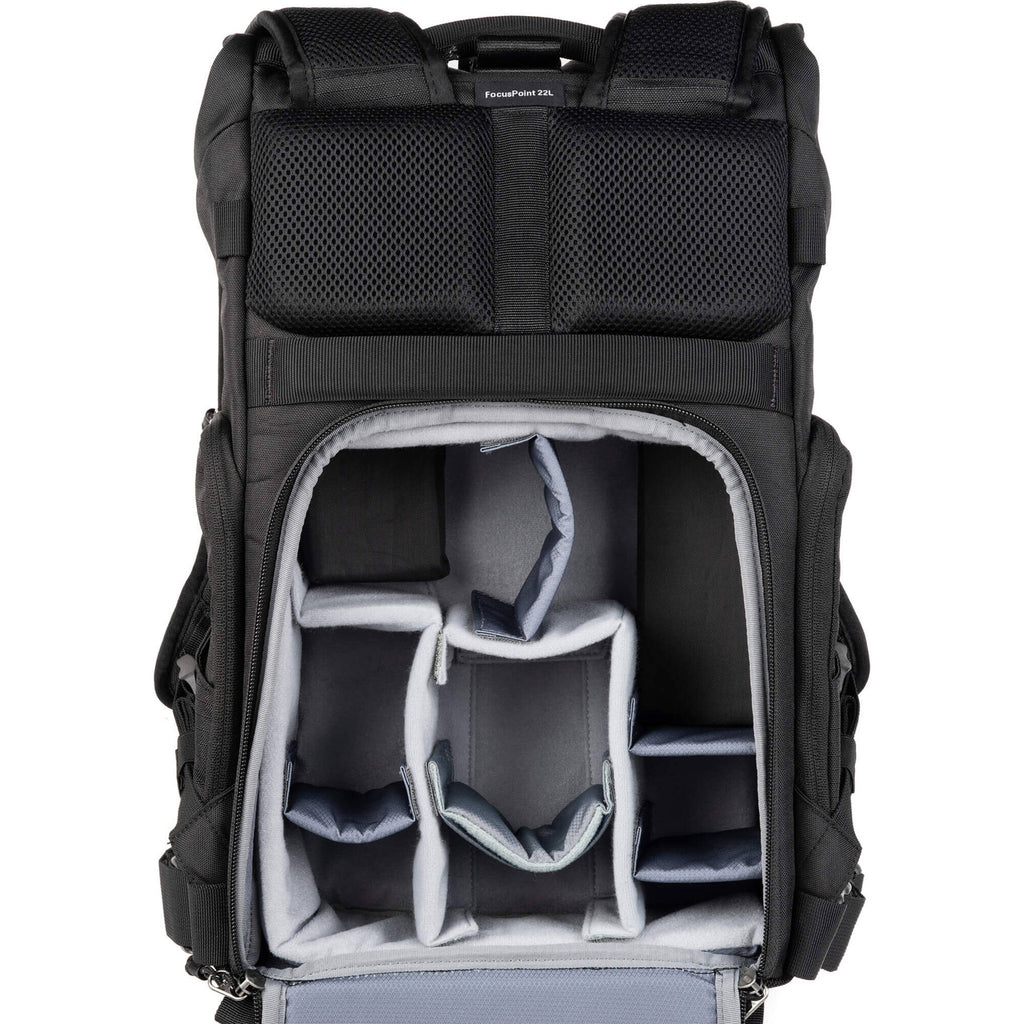 Think Tank FocusPoint RollTop video equipment bag with padded compartments and roll-top closure, designed for gear protection and portability.