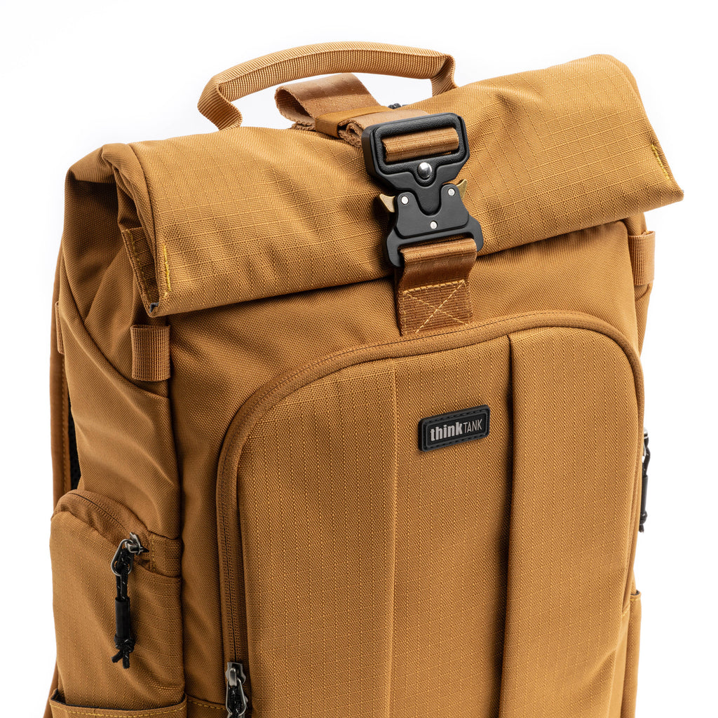 Think Tank FocusPoint RollTop video equipment bag with padded straps and roll-top closure for secure storage.