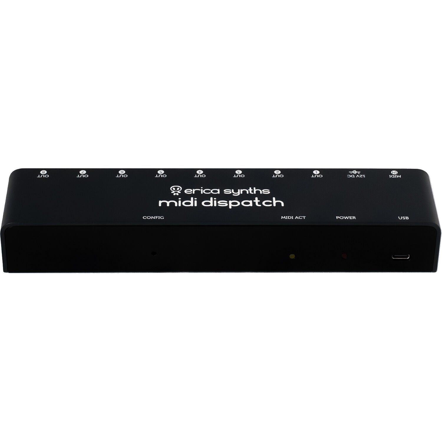 Erica Synths Midi Dispatch MIDI interface with multiple MIDI ports and sleek black design for seamless music production.
