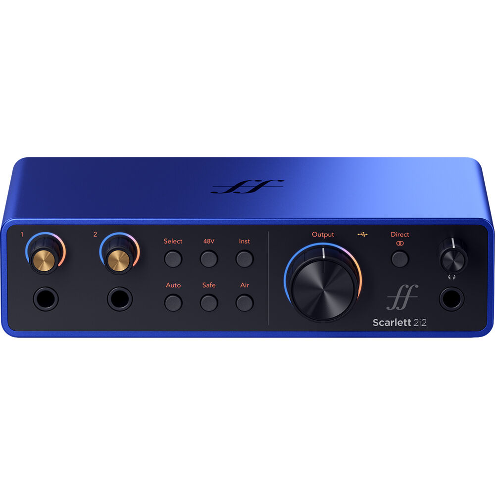 Focusrite Scarlett 2i2 4th Gen Anniversary Edition audio interface with dual input and output ports, black and red design.