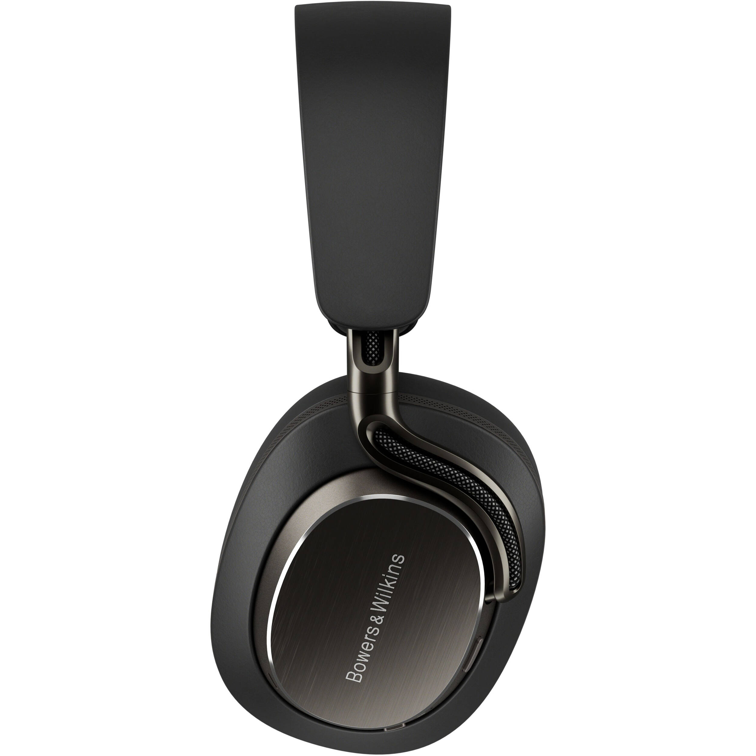 Bowers & Wilkins Px8 S2 wireless headphones with sleek black design and padded ear cups, shown from a side angle.