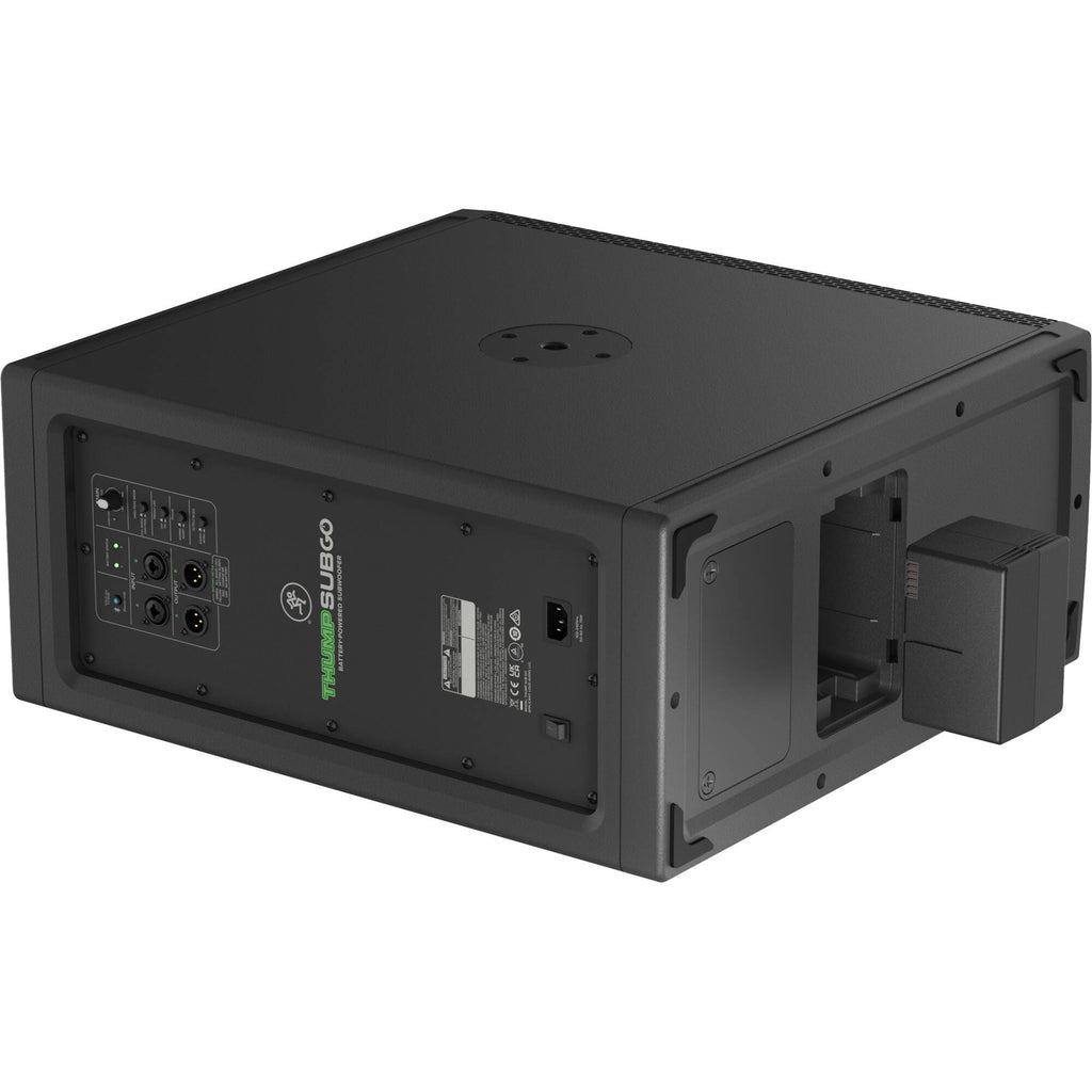 Mackie ThumpSub GO portable subwoofer with rugged design and integrated handles, ideal for live sound and DJ setups.