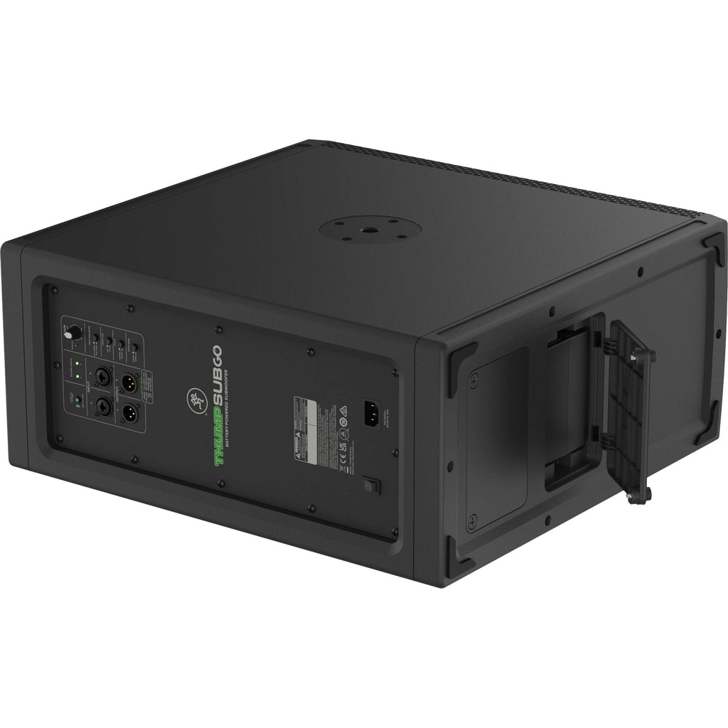 Mackie ThumpSub GO compact active subwoofer with built-in speaker and control panel, designed for portable sound setups.