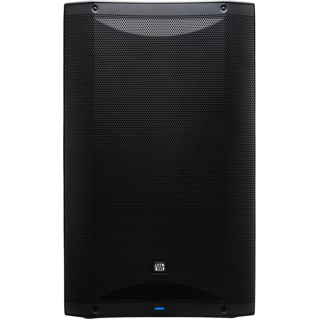 Presonus Air XD 15 active loudspeakers shown with front and side views, featuring black cabinets and control panels.