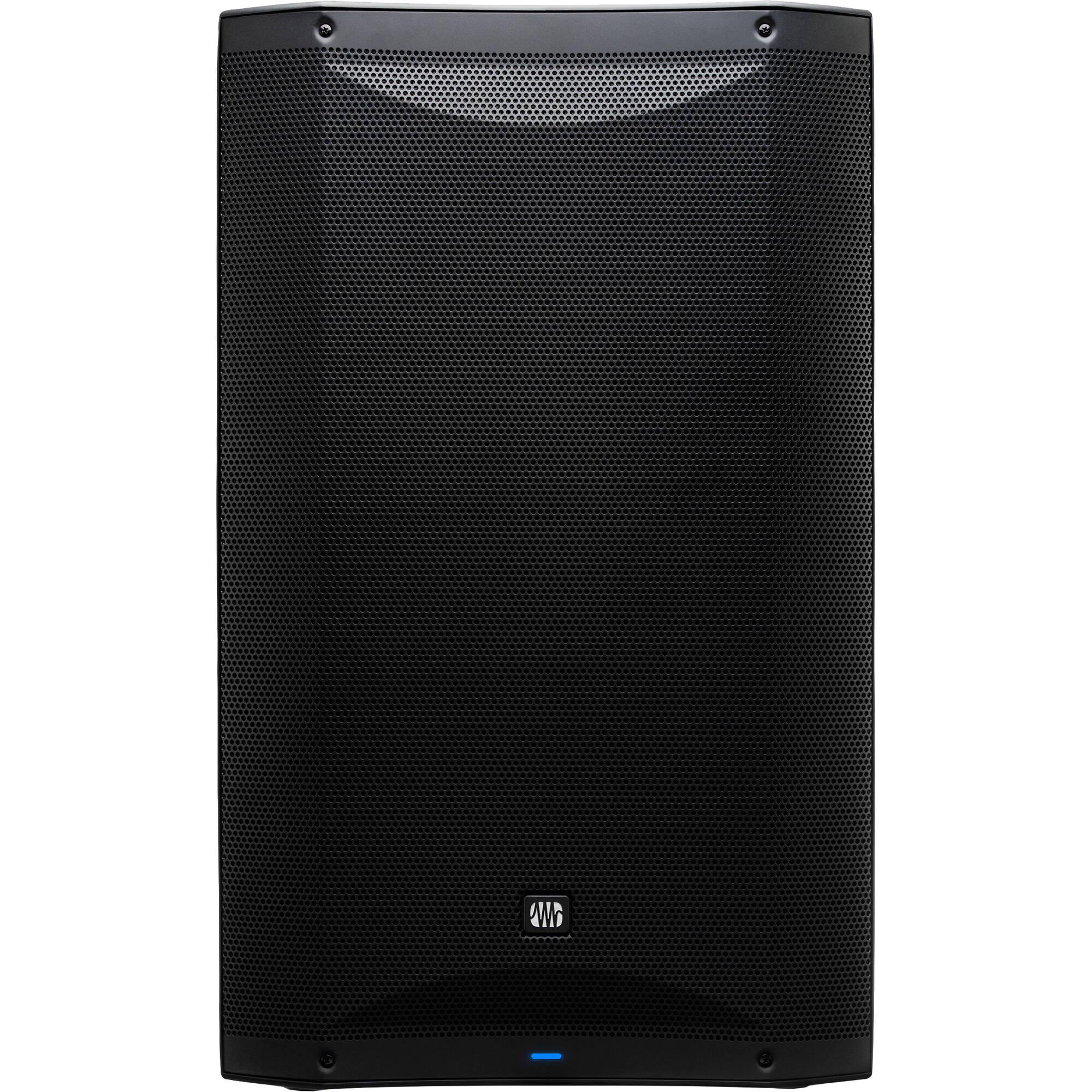Presonus Air XD 15 active loudspeakers shown with front and side views, featuring black cabinets and control panels.