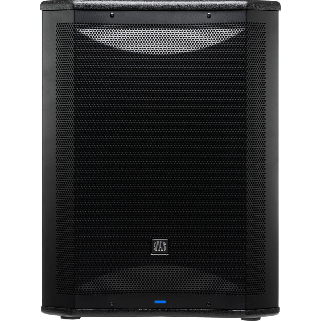 Presonus Air XD Sub 15 active subwoofer with front control panel and speaker grille, designed for high-quality bass in audio setups.