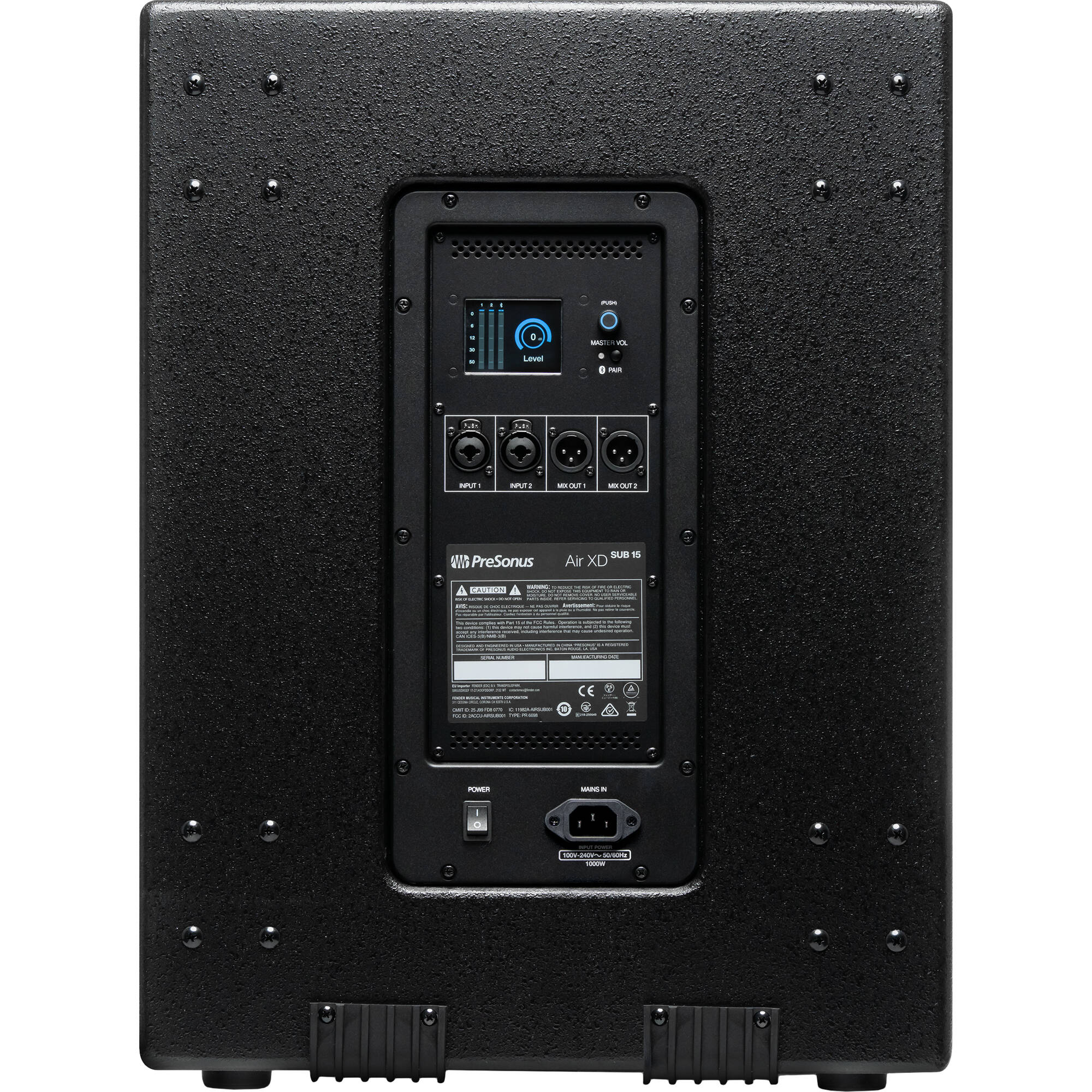 Presonus Air XD Sub 15 active subwoofer with black enclosure, front grille, and control panel for enhanced bass sound.