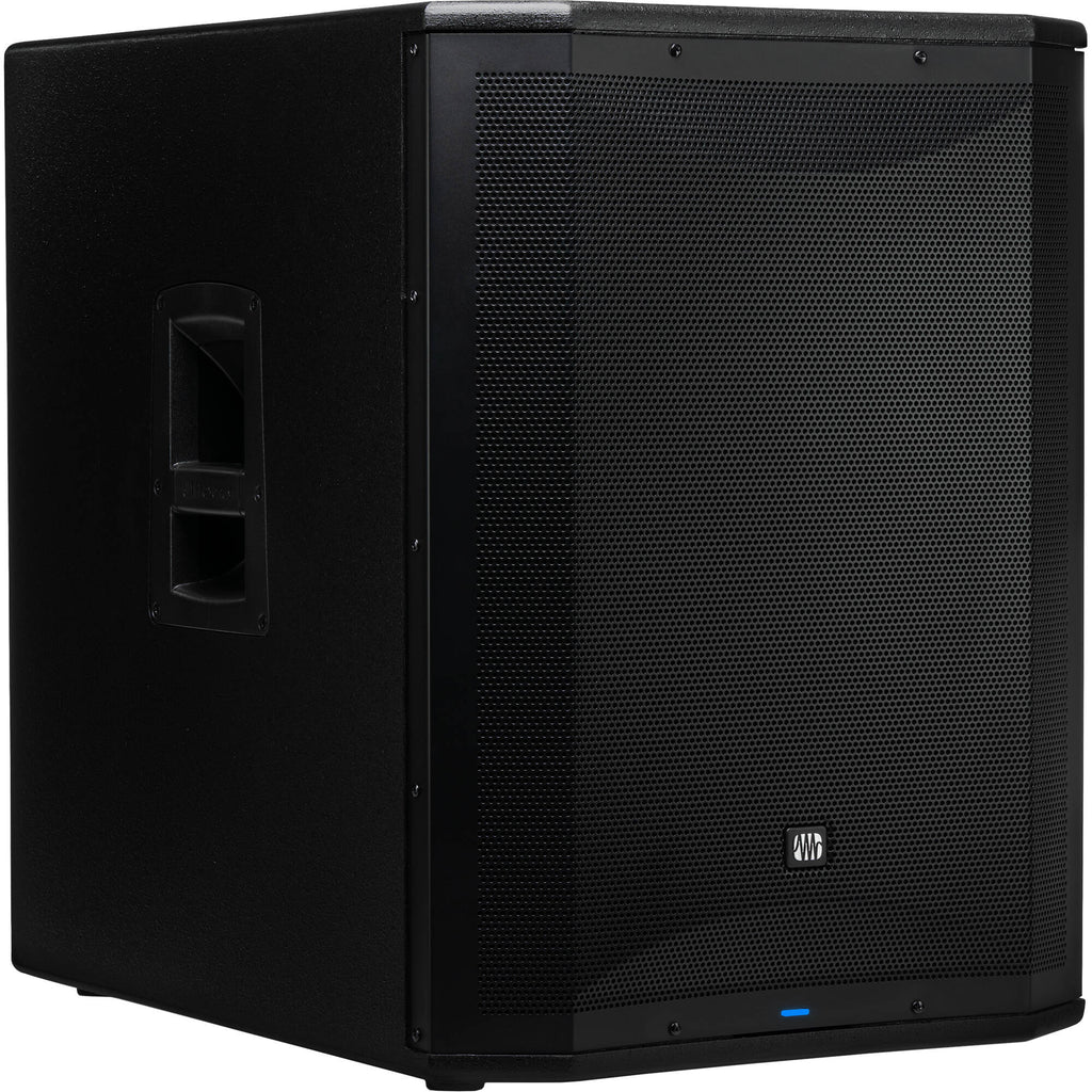 Presonus Air XD Sub 18 active subwoofer with large speaker cone and control panel, designed for powerful bass in audio setups.