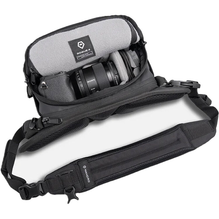 Wandrd Rogue Sling video equipment bag with adjustable strap and multiple compartments, designed for portable camera gear storage.