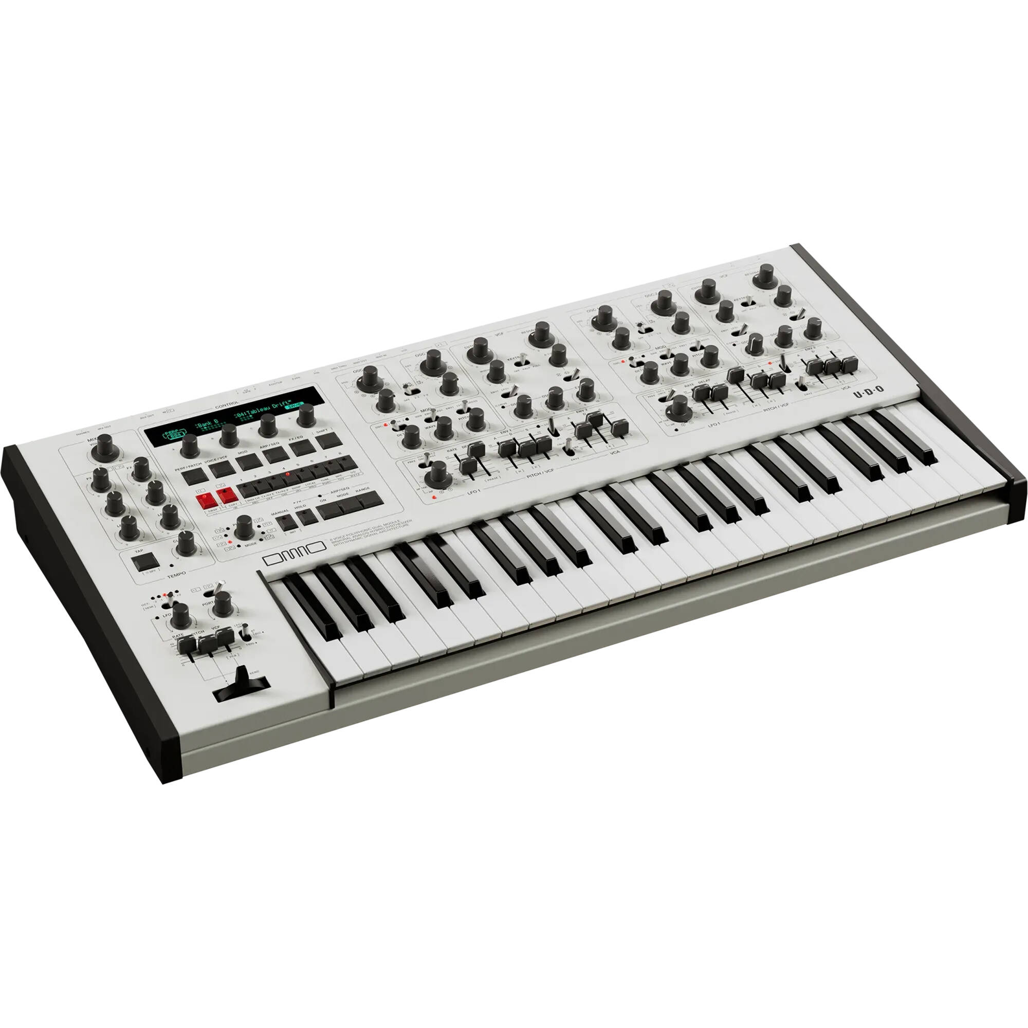 UDO Audio DMNO keyboard synthesizer with compact design, featuring various knobs and keys for versatile sound creation.