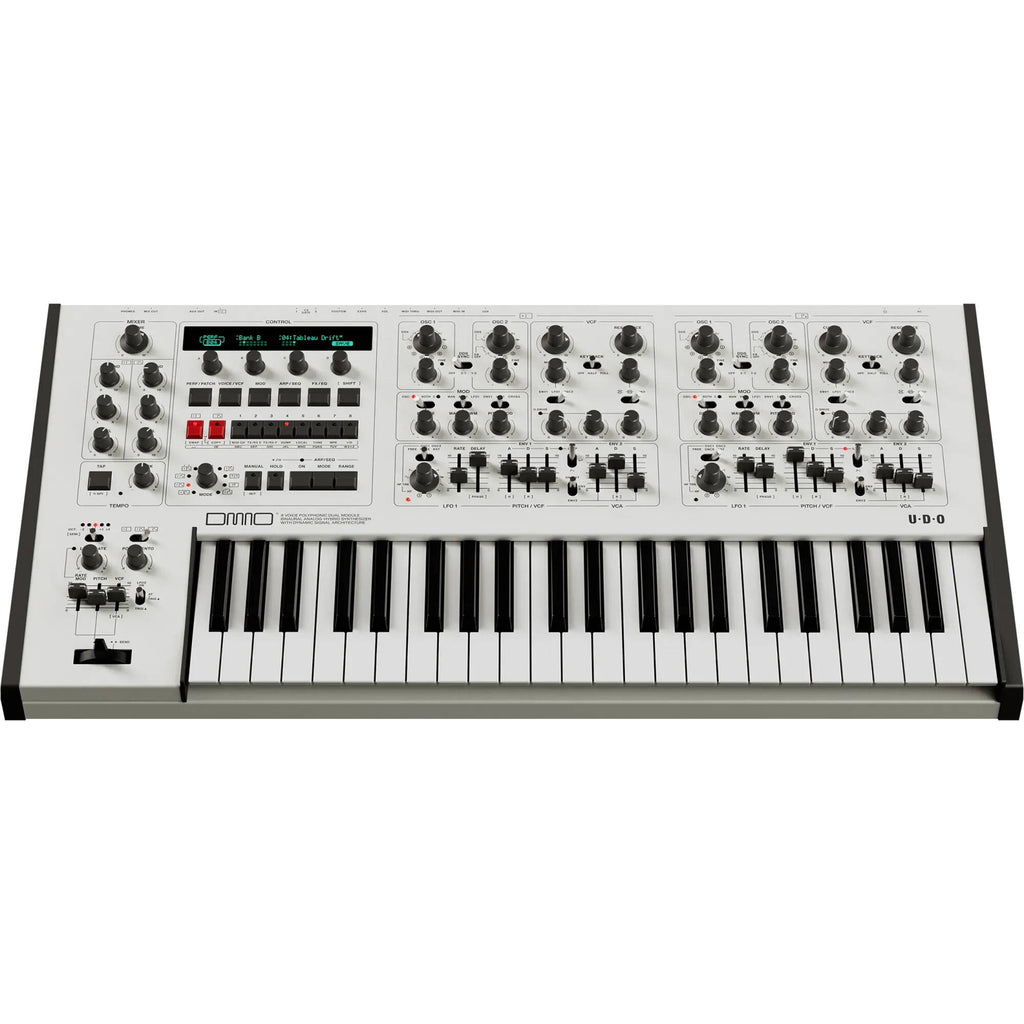 UDO Audio DMNO keyboard synthesizer with black keys and control knobs, showcasing its sleek design and compact form.