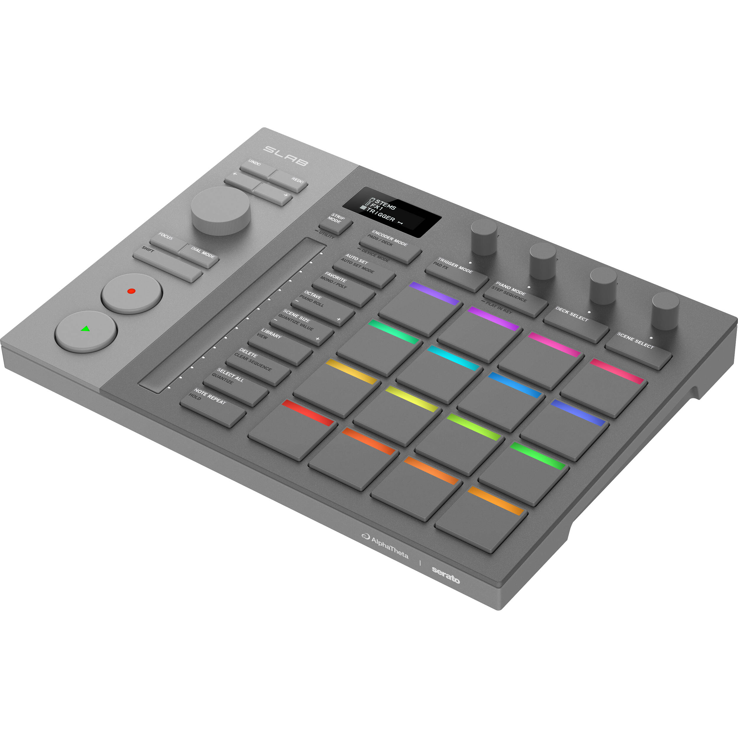 AlphaTheta SLAB MIDI controller with multiple knobs and buttons, designed for music production and live performance.