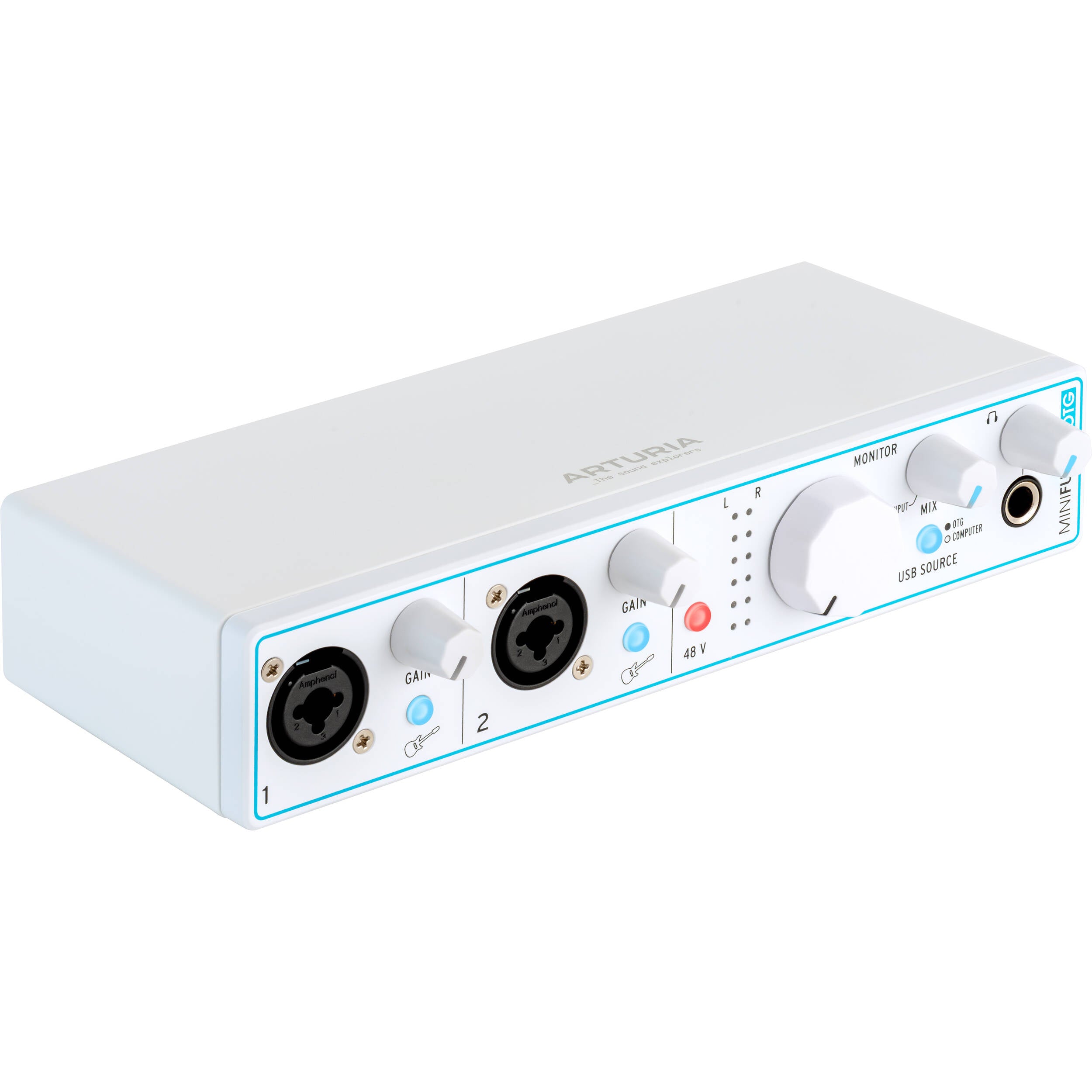 Arturia Minifuse 2 OTG audio interface with USB and audio input/output ports, compact design for music production and recording.