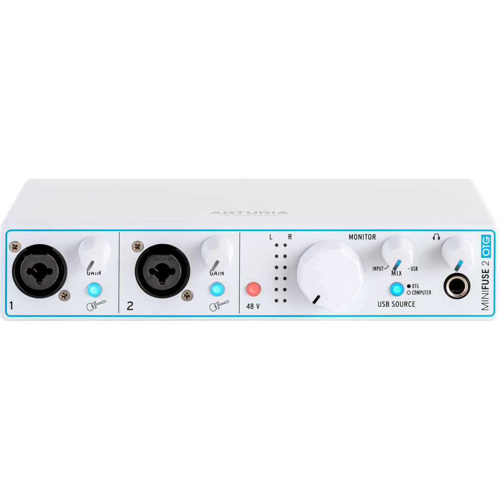 Arturia Minifuse 2 OTG audio interface with input and output ports, compact design, and professional audio connectivity.