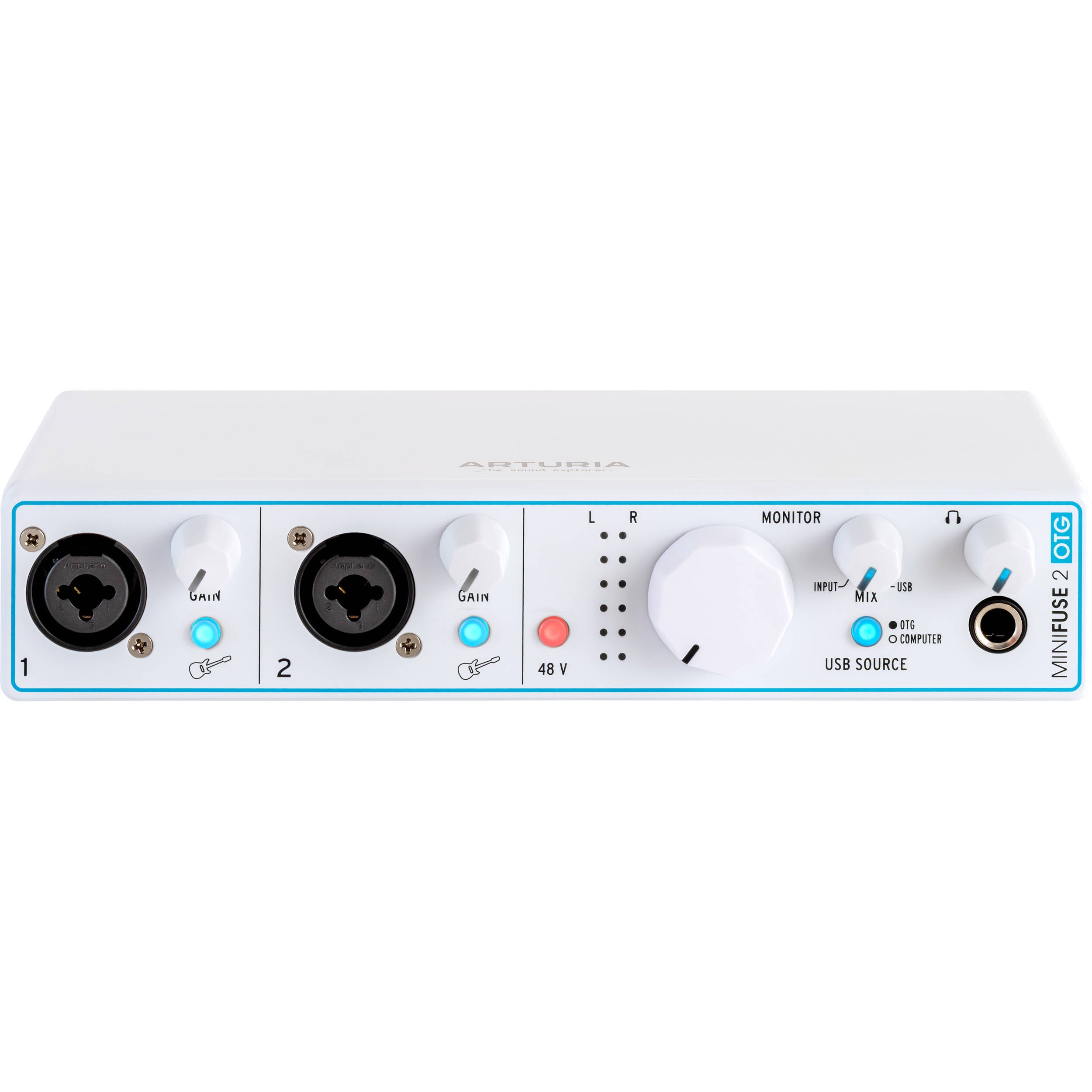 Arturia Minifuse 2 OTG audio interface with input and output ports, compact design, and professional audio connectivity.